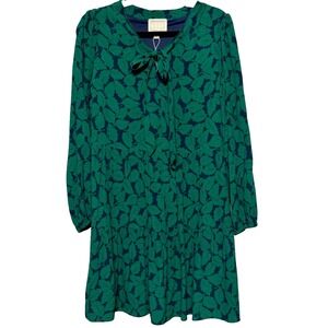 STS Sail to Sable Women's Green Navy Leaf Print Tiered Tie Neck Dress‎ Size L